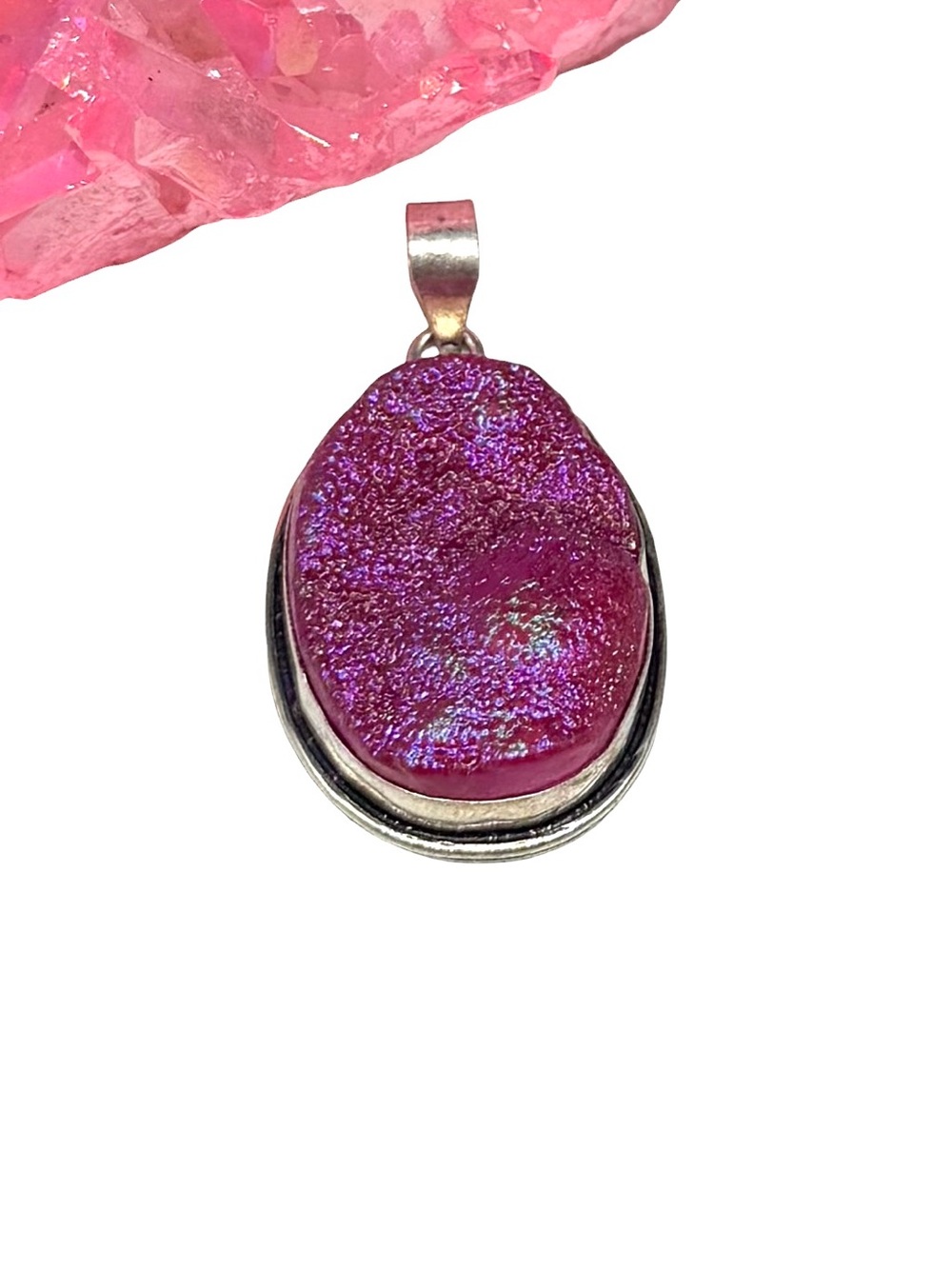 Pink Titanium Druzy Necklace Pendant 925 Sterling Silver Overlay